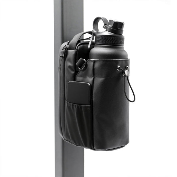 Black backpack with water bottle attachment on a white background