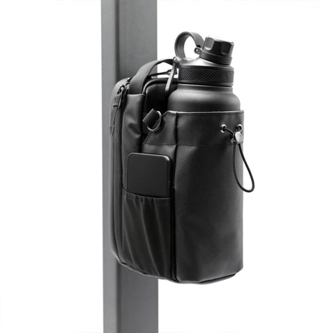 Black backpack with water bottle attachment on a white background